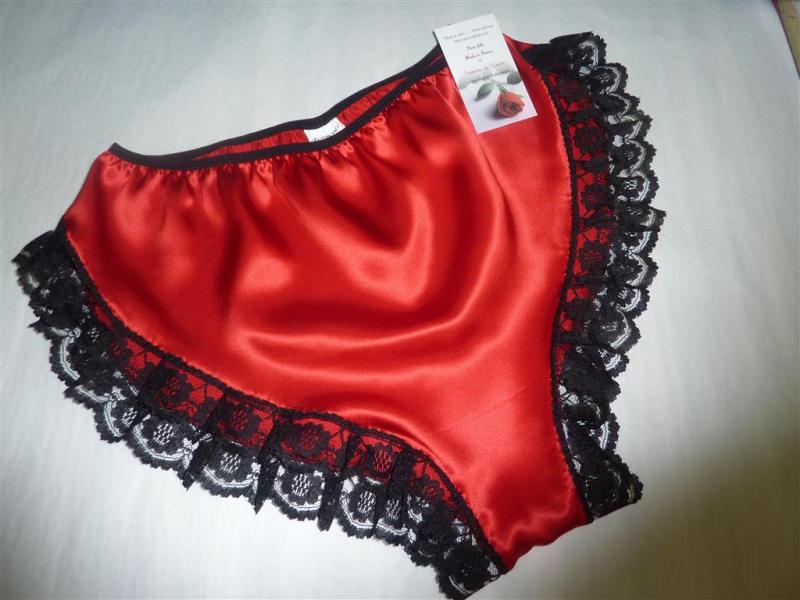 Red satin and black lace  Hi cut French knickers